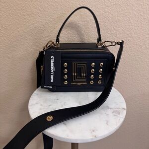 NWT Women KARL LAGERFELD Simone black leather gold studs camera crossbody bag